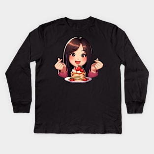 Girl Strawberry Pancakes Korean Finger Heart Kids Long Sleeve T-Shirt